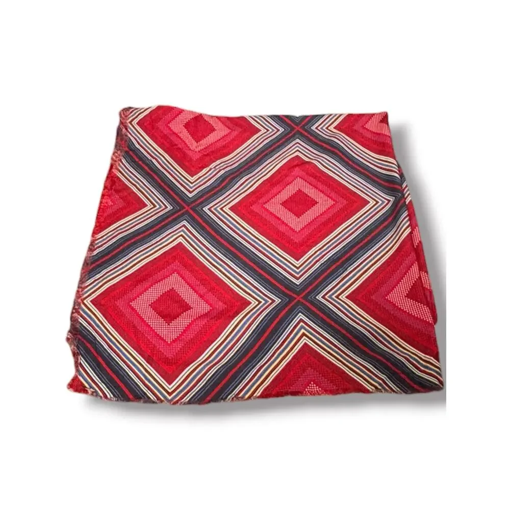 Geometric Stripe Square Scarf Shawl Wrap Red Blue Fringed Boho Artsy Layer